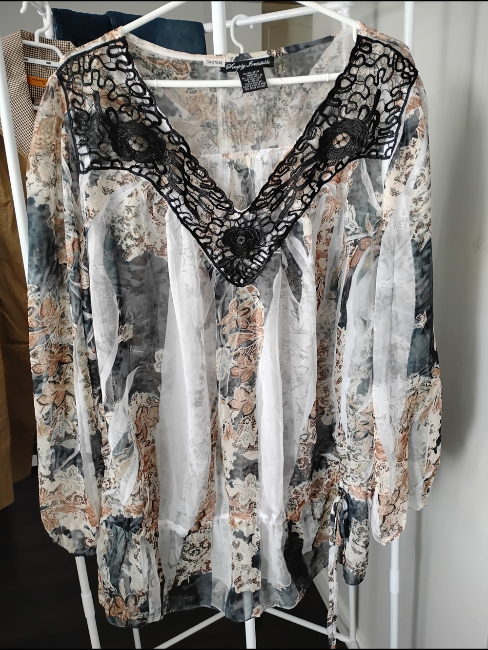 Simply Inresistible Women Sheer Floral Lace-Trim Blouse Peplum Waist Long Sleeve
